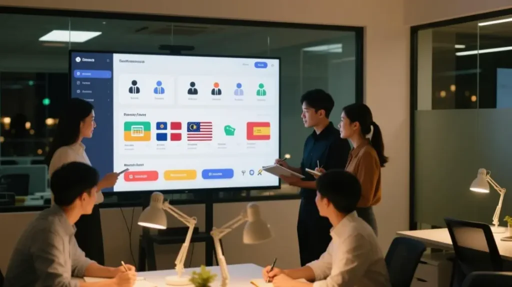 东南亚电商团队在办公室内梳理团队角色、店铺桶和任务分层的