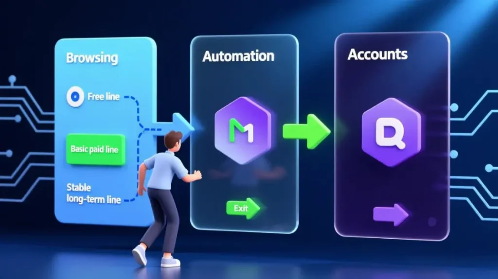 把浏览、自动化和账号拆开,分别接入免费线、基础付费线和长期稳定线的路由示意