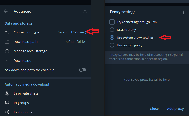 Advanced settings and proxy settings panels showing the path from connection options to custom proxy configuration