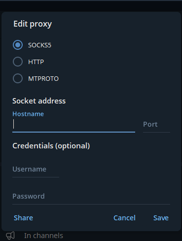 Proxy edit form with SOCKS5 selected and fields for hostname, port, and optional credentials