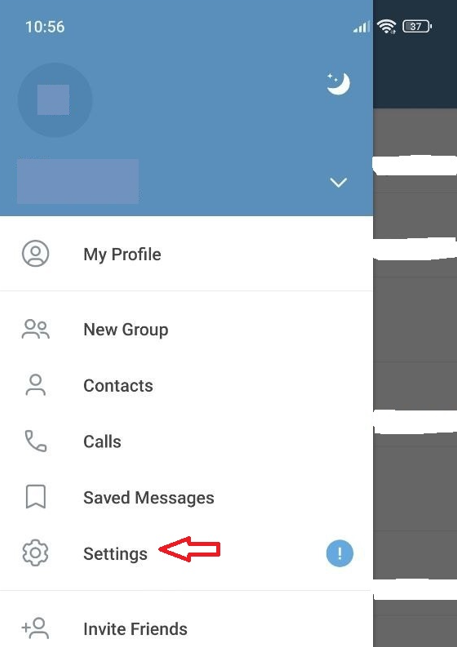 Telegram side menu highlighting the Settings entry
