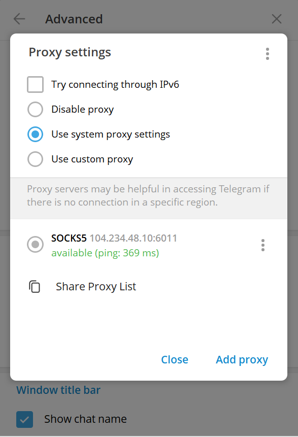 Proxy settings screen showing a SOCKS5 entry with availability status and ping indicator