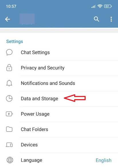 Telegram settings screen highlighting the Data and Storage option