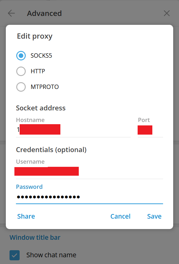 SOCKS5 proxy configuration form showing hostname, port, and optional credentials fields