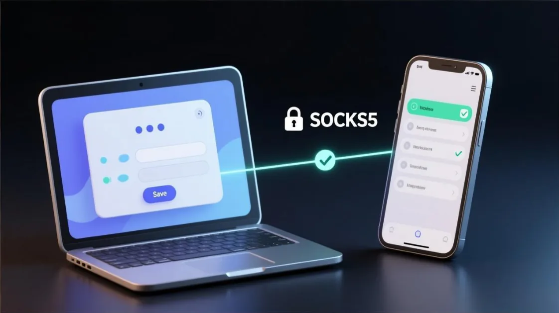 Laptop and phone showing proxy settings and a verified SOCKS5 connection