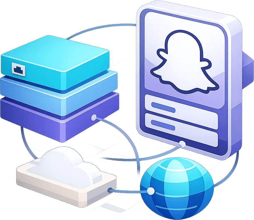 Snapchat 代理控制台预览，展示成功率、延迟与精准定位设置