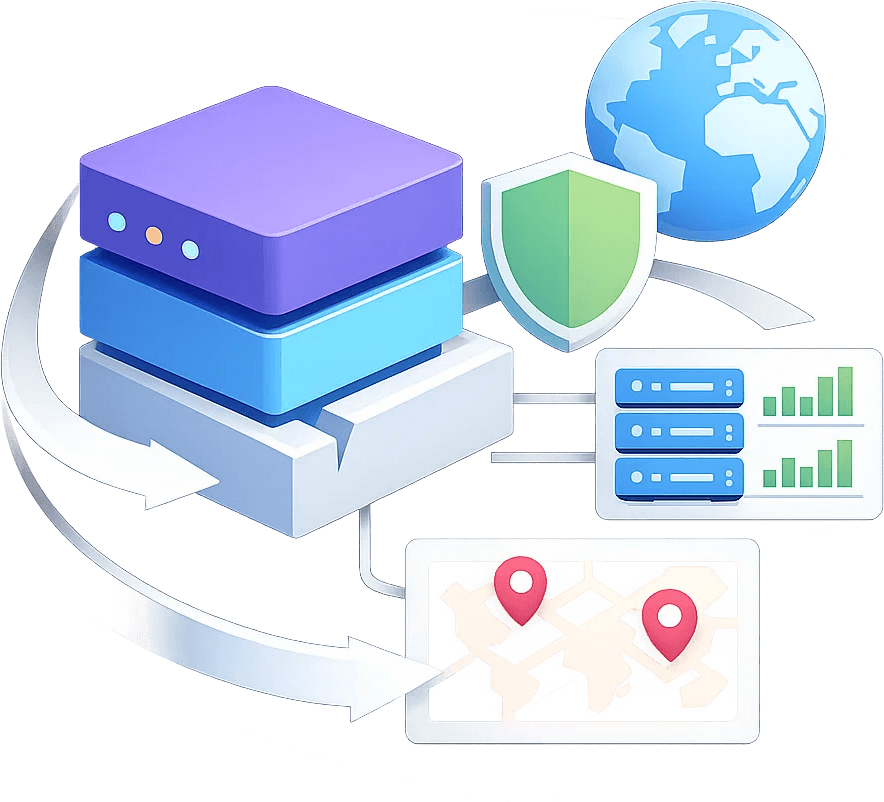 Yahoo代理网络示意图，展示住宅IP、代理轮换与全球IP覆盖